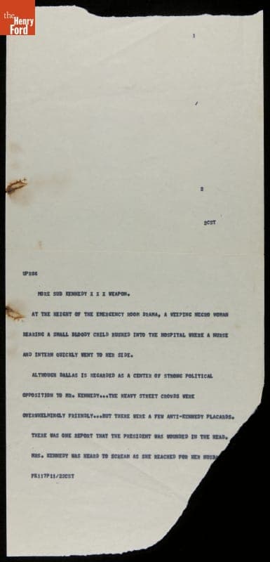Teletype Message with Wire Service News Coverage of John F. Kennedy Assassination, November 22, 1963