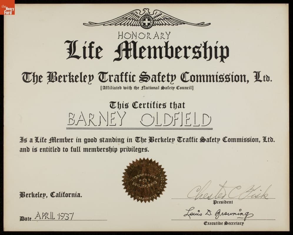 Life Membership Certificate for Barney Oldfield from the Berkeley Traffic Safety Commission, Ltd., California, April 1937