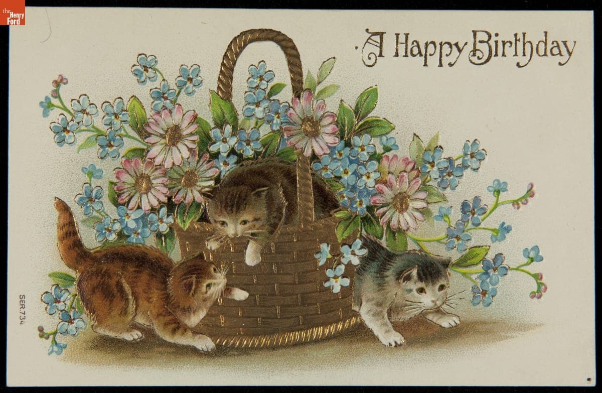 Postcard, Cats with a Basket of Flowers, "A Happy Birthday," 1908