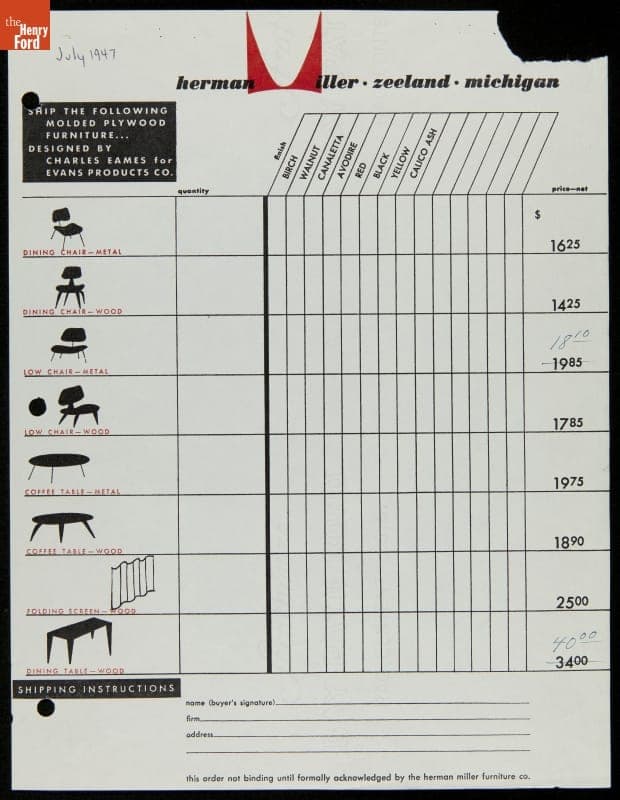Order Form for Herman Miller Molded Plywood Furniture, 1947