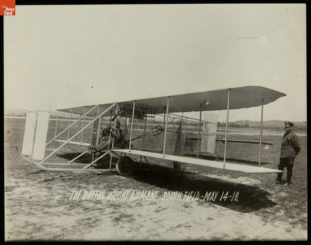 Orville Wright at Controls of Wright Biplane, Dayton-Wright Company, South Field, Dayton, Ohio, 1918