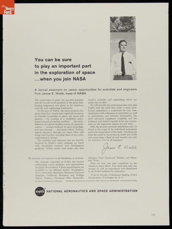 Recruiting Advertisement for NASA, "You Can be Sure to Play an Important Part in the Exploration of Space," March 1962