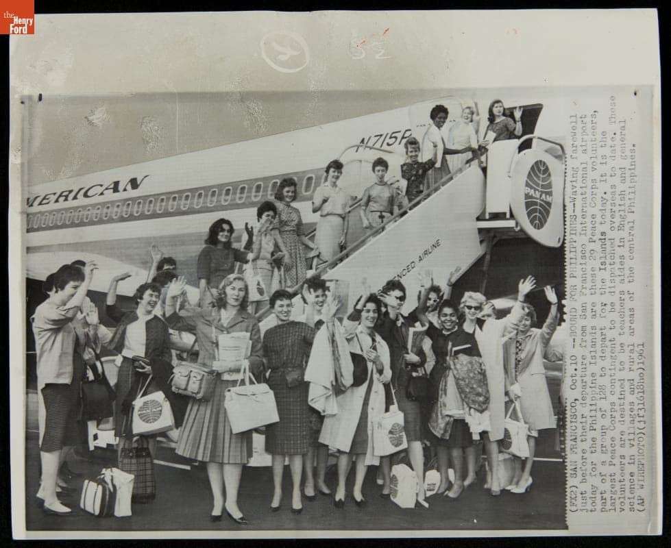 Wire Photograph, Peace Corps Volunteers at San Francisco International Airport, "Bound for Philippines," 1961