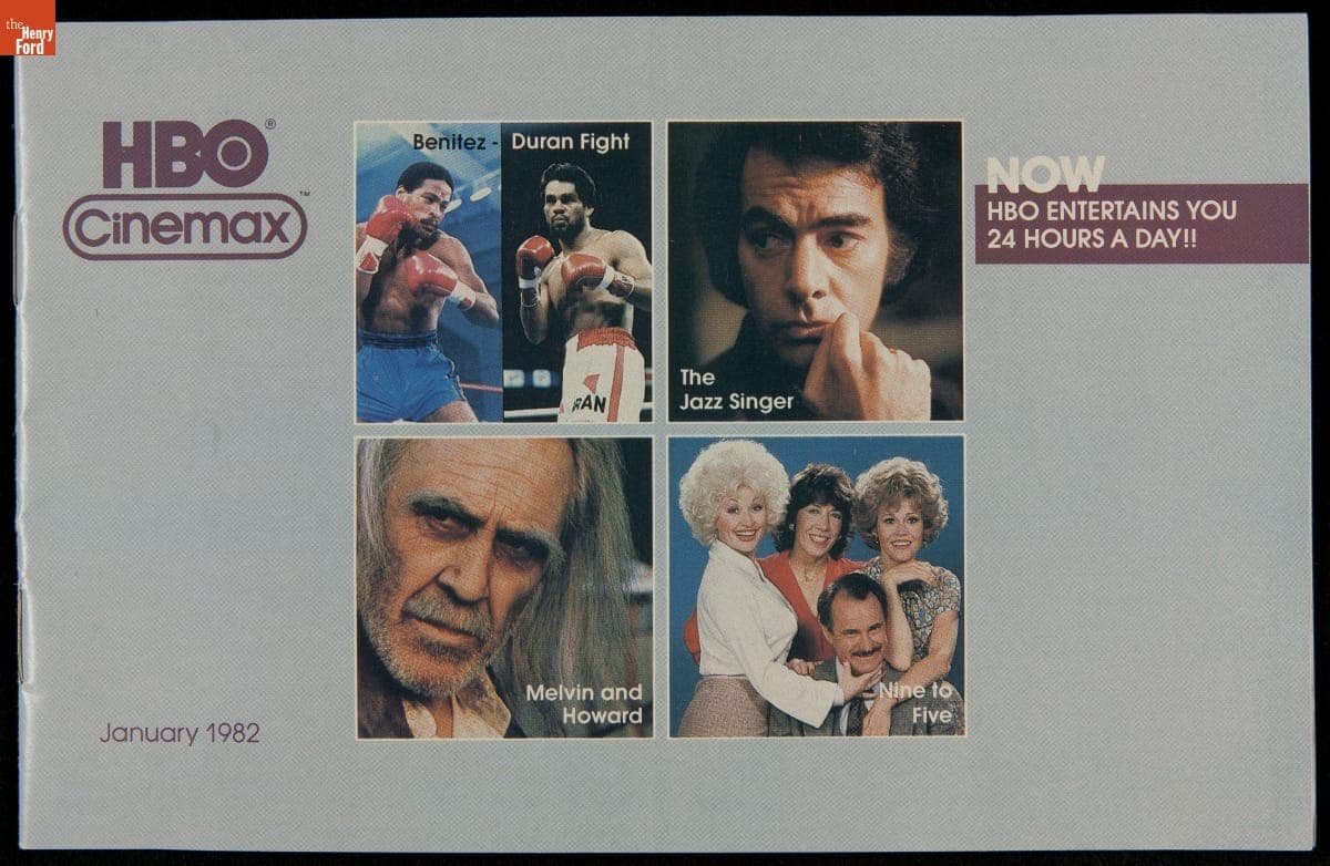 HBO/Cinemax Program Guide for February, 1982, "Now HBO Entertains You 24 Hours a Day!!"