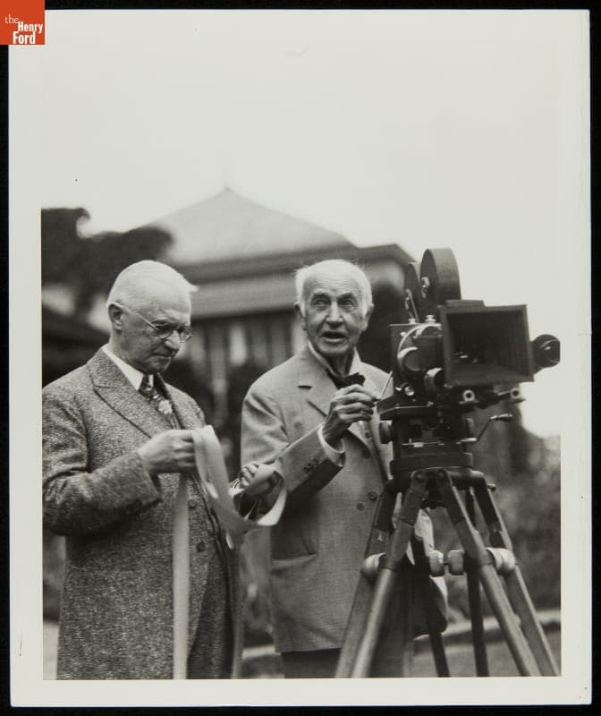 George Eastman and Thomas Edison with Motion Picture Camera, 1928