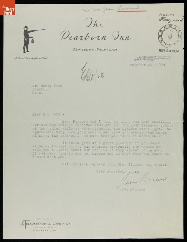 Letter of Thanks from Jean Piccard to Henry Ford regarding the Recent Stratosphere Balloon Flight, November 20, 1934
