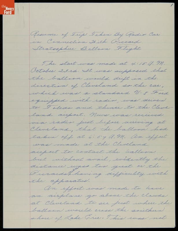 Written Reminiscence of the Piccard Stratosphere Balloon Flight of October 23, 1934