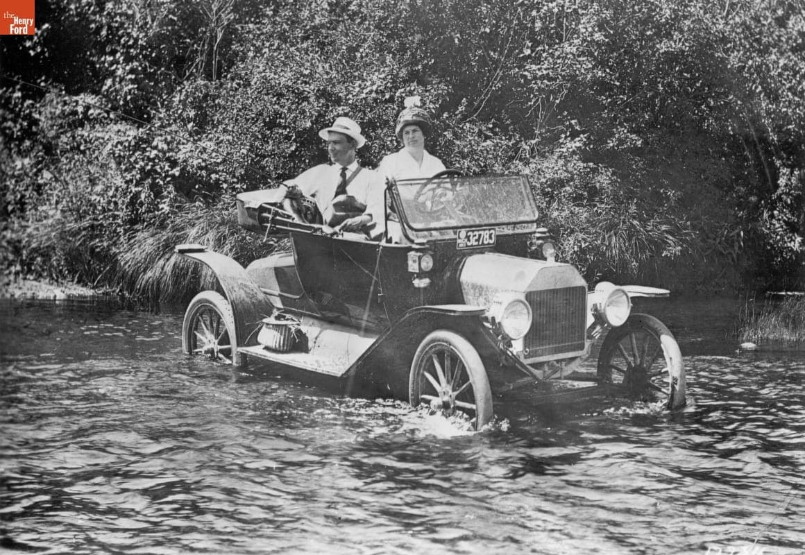 Man and Woman Fishing from 1913 Ford Model T Runabout