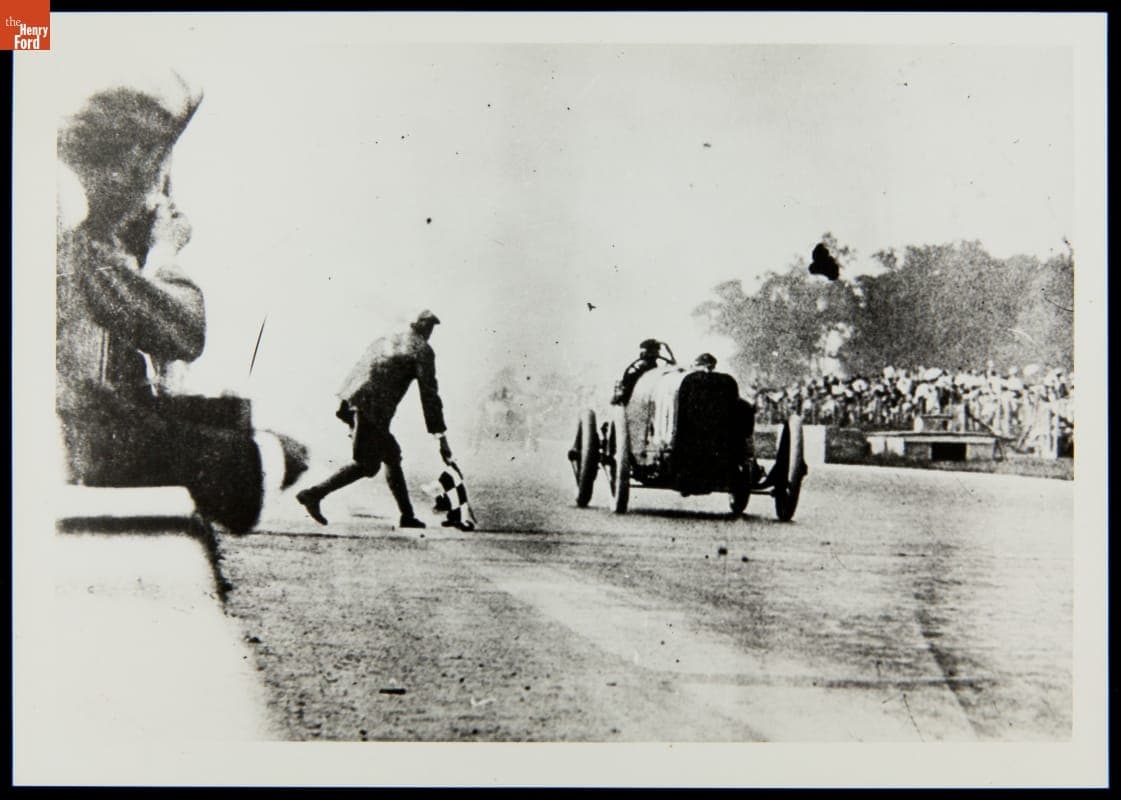 Rene Thomas, #16 Delage, and the Checkered Flag, Indianapolis Speedway, 1914