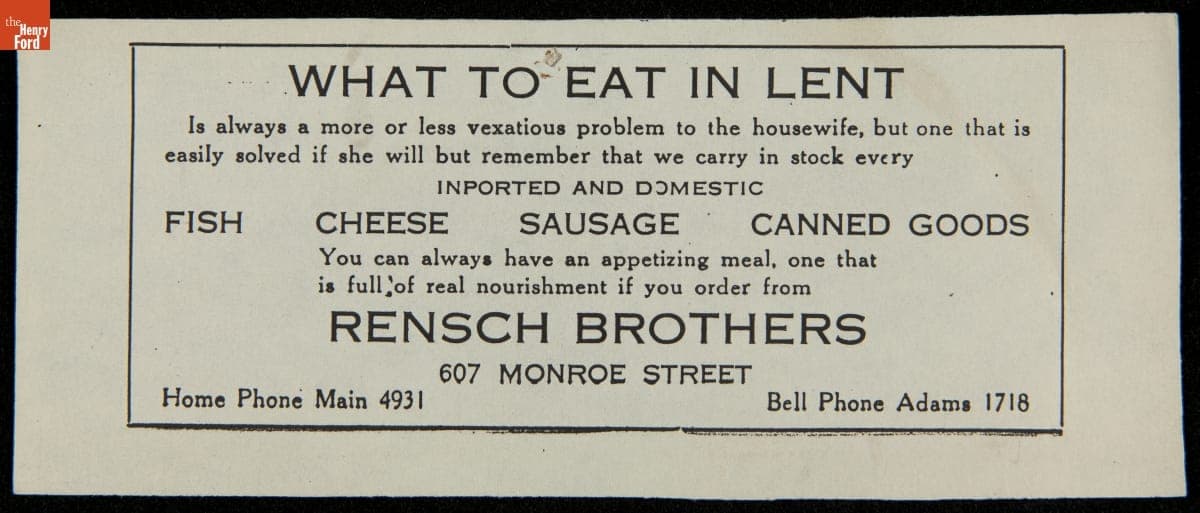 Advertisement for Rensch Brothers Grocery Store, "What to Eat in Lent," circa 1920
