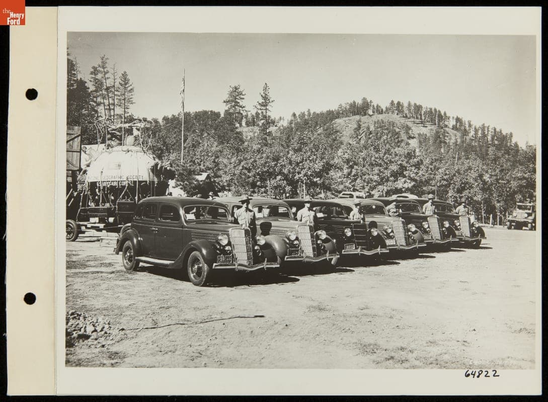 U.S. Army Air Corps / National Geographic Society High-Altitude Balloon "Explorer II" behind Fleet of Ford V-8 Cars, 1935