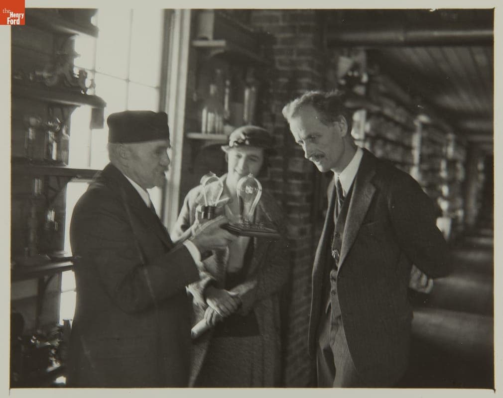 Francis Jehl with Balloonists Jeannette and Jean Piccard at Menlo Park Laboratory, November 1933