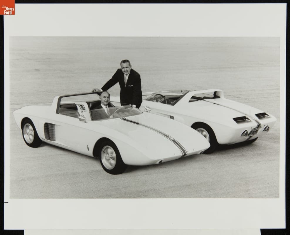 Herbert Misch and Gene Bordinat with the Ford Mustang I Experimental Sports Car, October 7, 1962