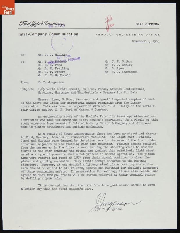 Memo from Ford Product Engineering Office regarding Cars Used in Magic Skyway at New York World's Fair, November 1965