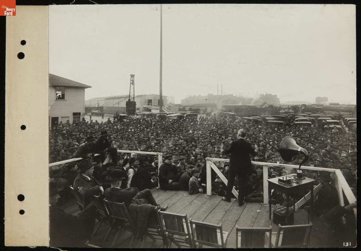 Using Magnavox Amplifier to Address a Crowd of Shipyard Workers, Oakland, California, circa 1920