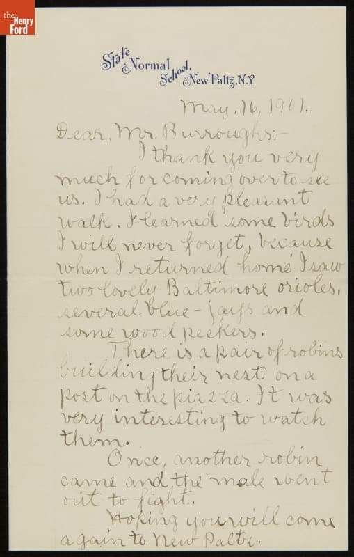 Letter to John Burroughs from Irving LeFevre, a Student, Thanking Him for a Nature Walk, May 16, 1901