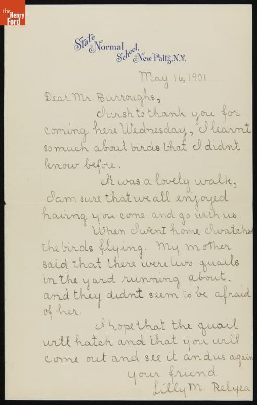 Letter to John Burroughs from Lilly M. Relyea, a Student, Thanking Him for a Nature Walk, May 16, 1901