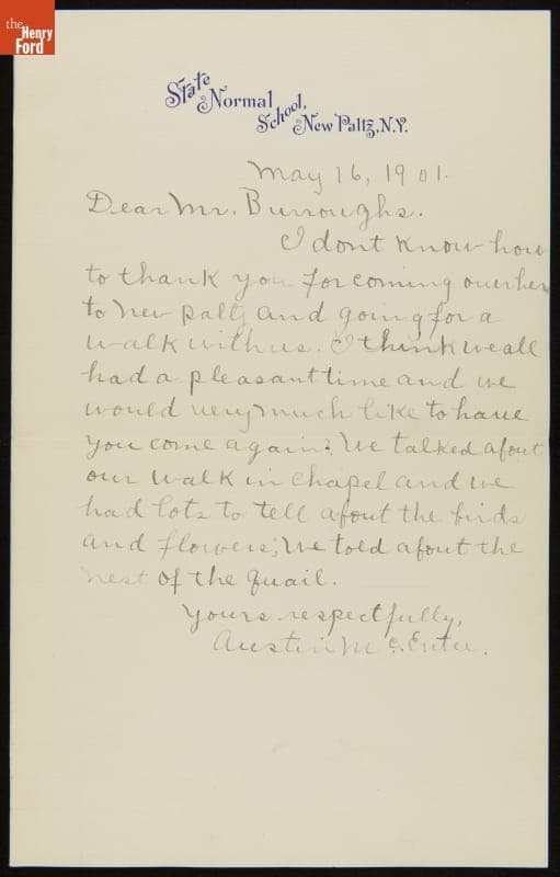 Letter to John Burroughs from Austin McEntee, a Student Thanking Him for a Nature Walk, May 16, 1901