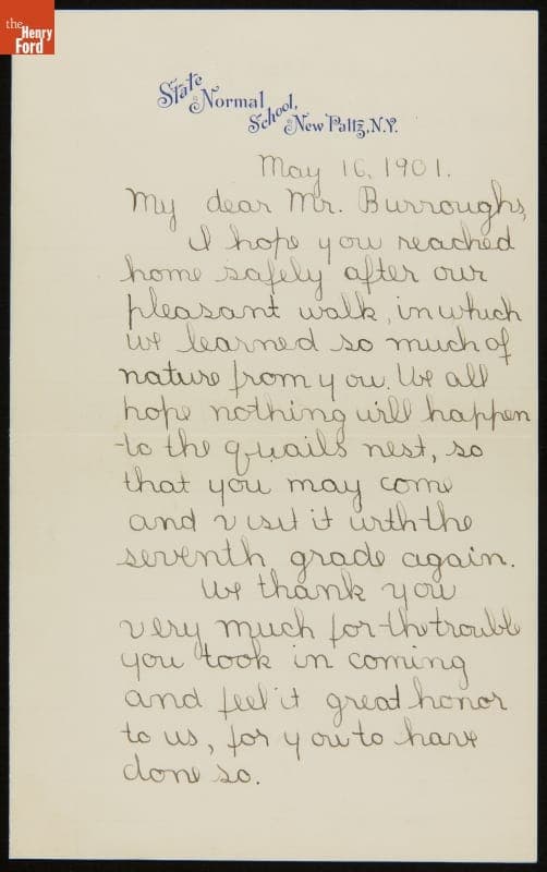 Letter to John Burroughs from Louise Bache, a Student Thanking Him for a Nature Walk, May 16, 1901