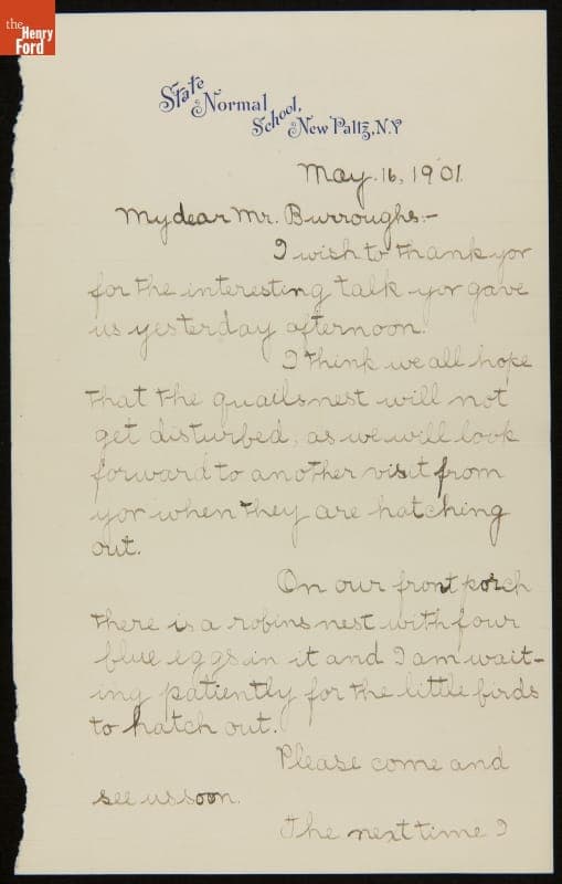 Letter to John Burroughs from Sadie Lowe, a Student Thanking Him for a Nature Walk, May 16, 1901