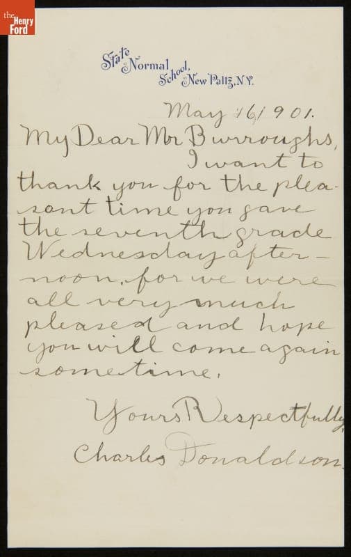 Letter to John Burroughs from Charles Donaldson, a Student Thanking Him for a Nature Walk, May 16, 1901