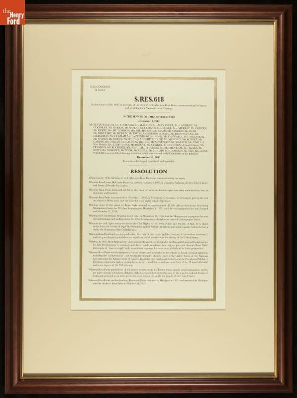 United States Senate Resolution Recognizing the 100th Anniversary of the Birth of Rosa Parks, December 19, 2012 (Page 2 of 3)