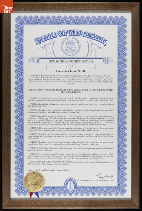State House of Representatives Resolution Declaring February 4, 2013 as "Rosa Parks Day of Courage" in the State of Michigan