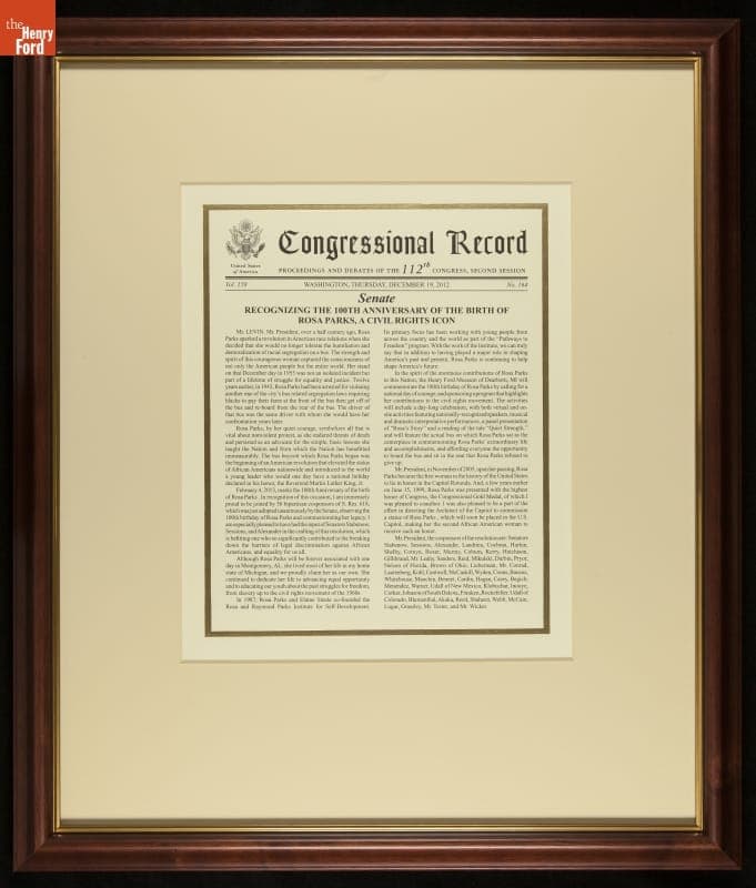United States Senate Resolution Recognizing the 100th Anniversary of the Birth of Rosa Parks, December 19, 2012 (Page 1 of 3)