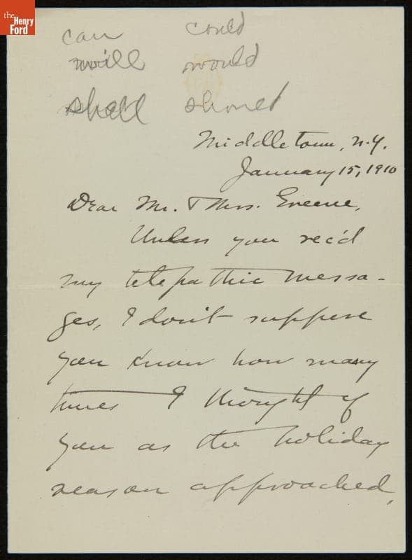 Letter from Clara Barrus to Mr. and Mrs. J. Edward B. Greene, January 15, 1910