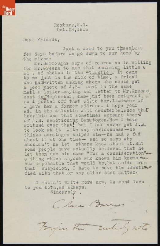 Letter from Clara Barrus to Mr. and Mrs. J. Edward B. Greene, October 18, 1916