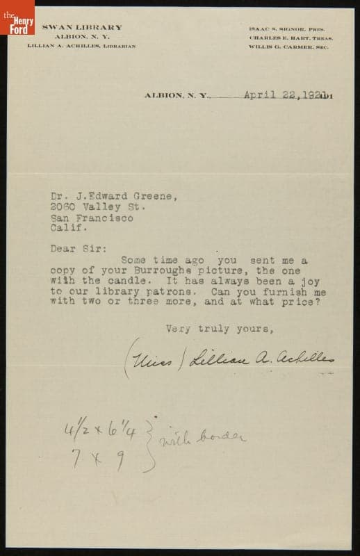 Letter from Lillian A. Achilles to J. Edward B. Greene, April 22, 1921