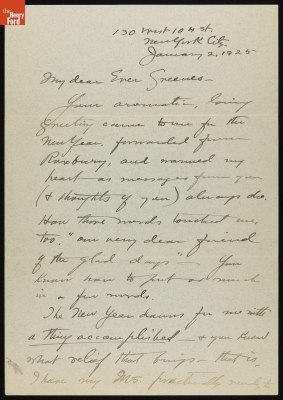 Letter from Clara Barrus to Mr. and Mrs. J. Edward B. Greene, January 2, 1925