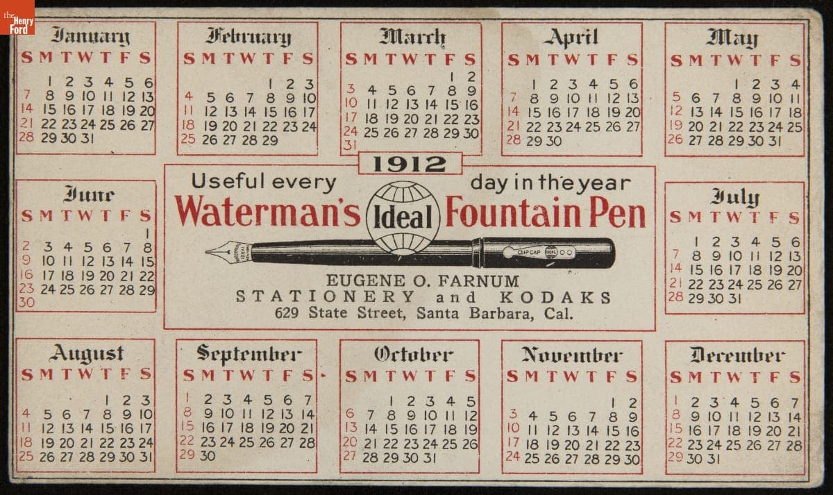Advertising Blotter with Calendar, "Waterman's Ideal Fountain Pen," 1912