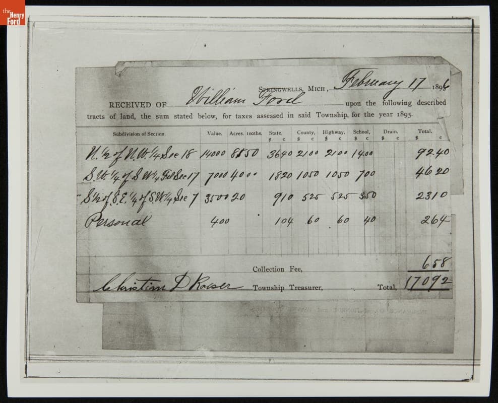Receipt for Property Taxes Paid by William Ford (Henry Ford's Father) on February 17, 1896