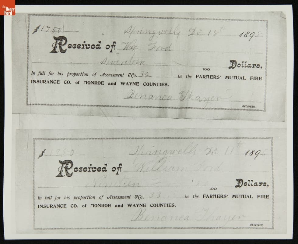Receipts for Insurance Payments Made by William Ford (Henry Ford's Father), Springwells Township, Michigan, 1895