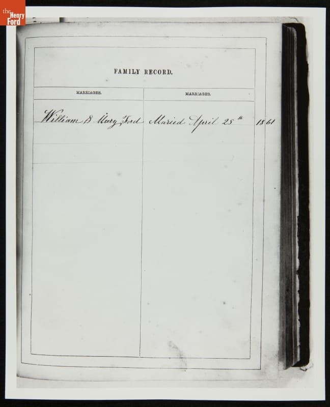 Marriage of William and Mary Ford (Henry Ford's Parents) Recorded in a Family Bible, 1861