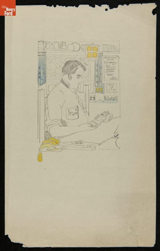 Drawing of Young Man in Dormitory Room by Edsel Ford, circa 1907