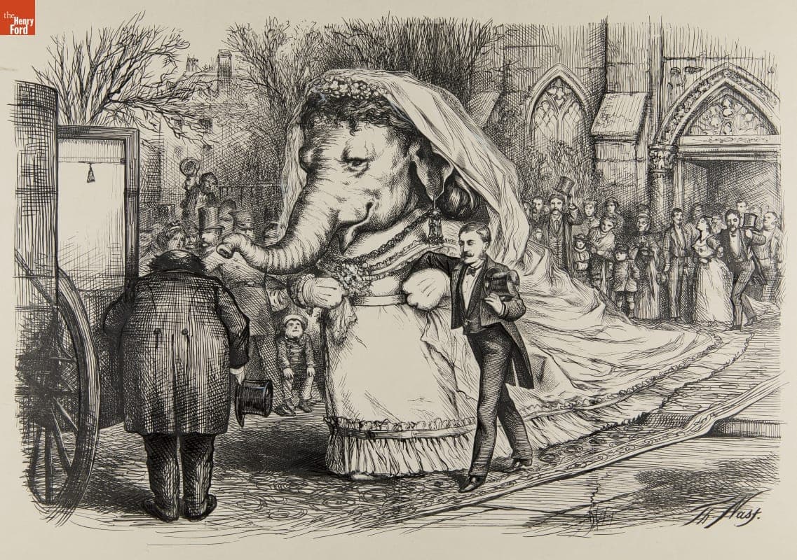 Etching Proof, Political Cartoon by Thomas Nast, "Marriage a la Mode," 1871