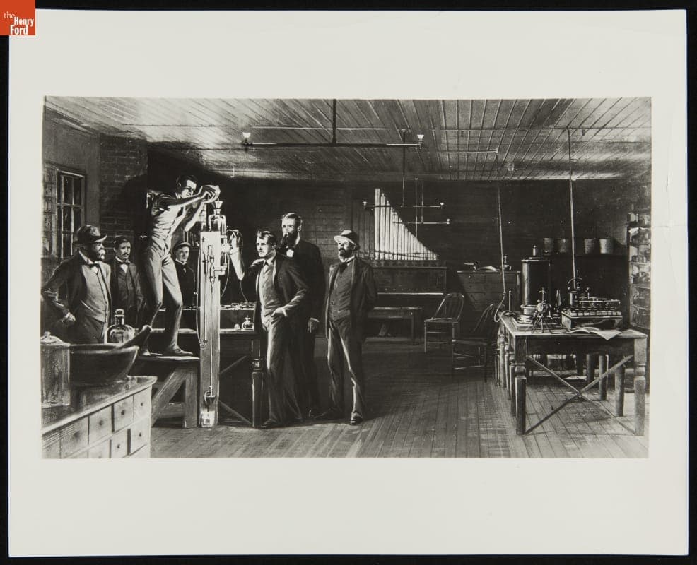 Illustration, Preparing the First Practical Incandescent Lamp for Testing at Edison's Menlo Park Laboratory, October 19, 1879