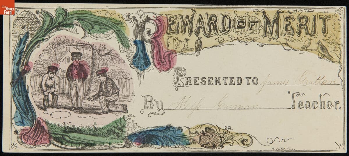 School Reward of Merit Given to James Grattan by His Teacher, Miss Carman, 1850-1859