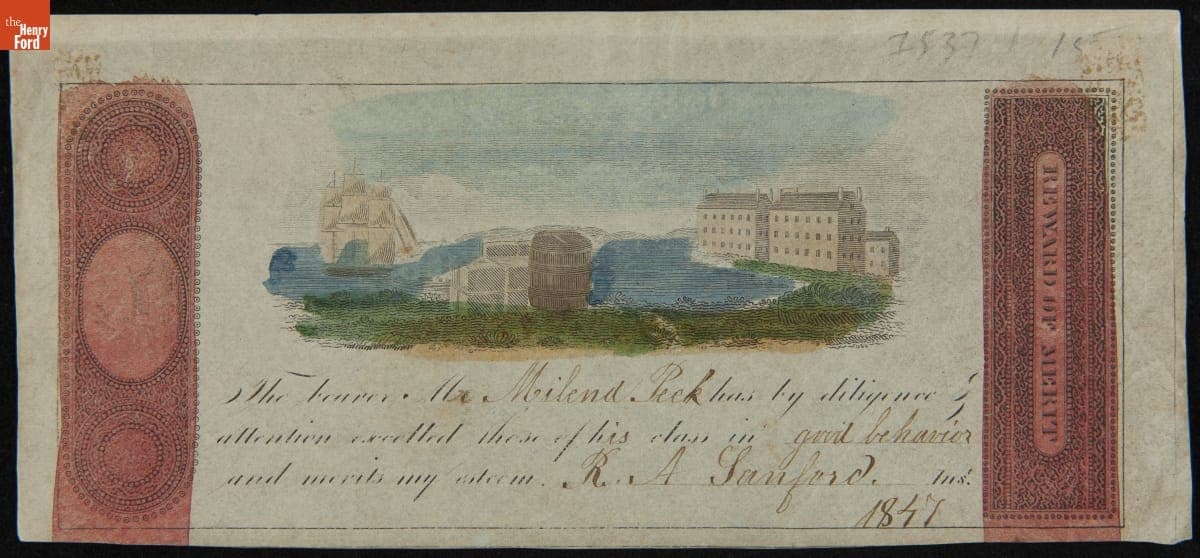 School Reward of Merit Given to Milend Peck by His Teacher R. A. Sanford, 1847