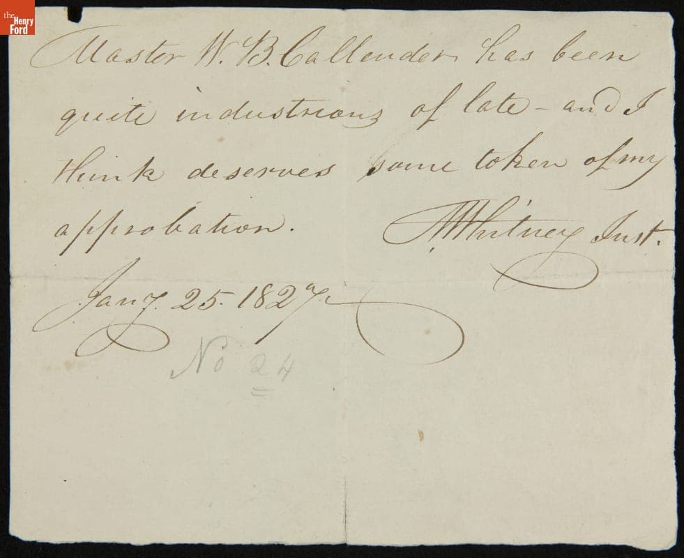 School Reward of Merit Given to W. B. Callender, 1827