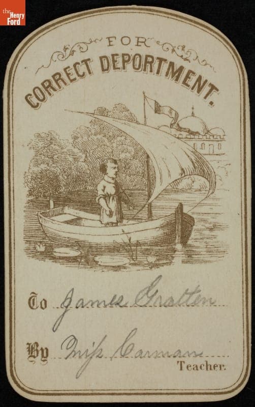 School Reward of Merit Given to James Grattan by His Teacher, Miss Carman, circa 1840