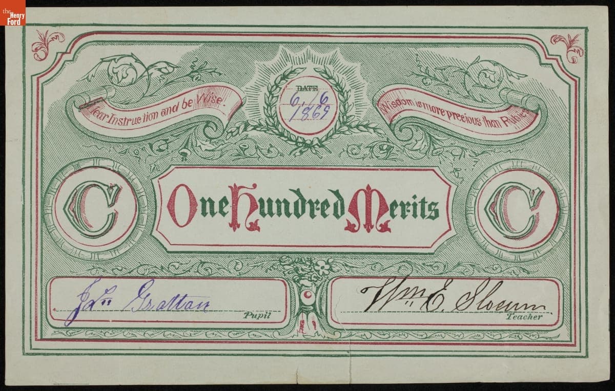 School Reward of Merit Given to James Grattan by William E. Slocum, 1869