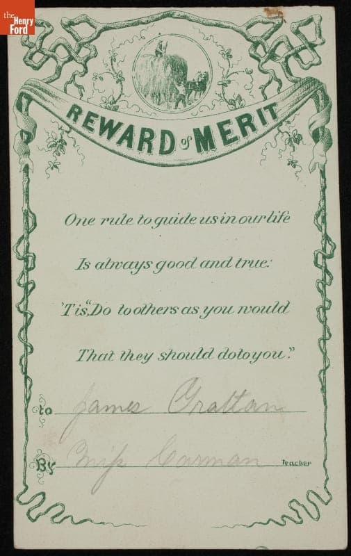 School Reward of Merit Given to James Grattan by His Teacher, Miss Carman, circa 1870