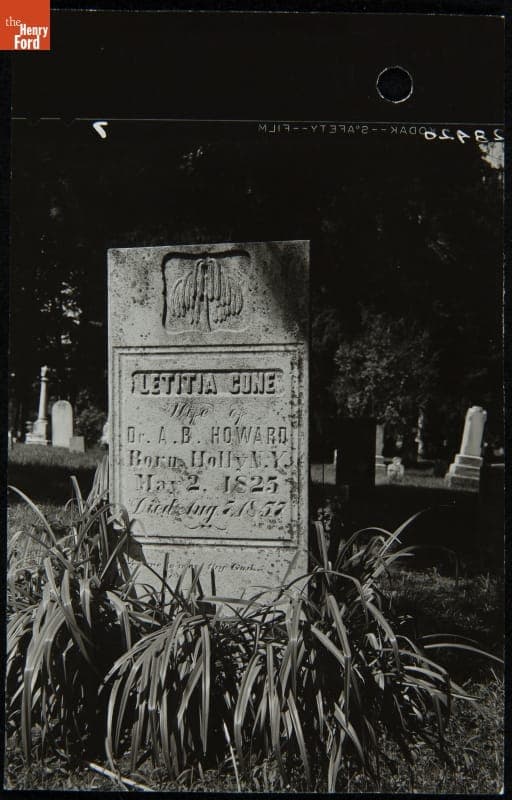 Tombstone of Letitia Cone, Wife of Dr. Alonson Howard, at Windfall Cemetery, Tekonsha, Michigan, August 1959