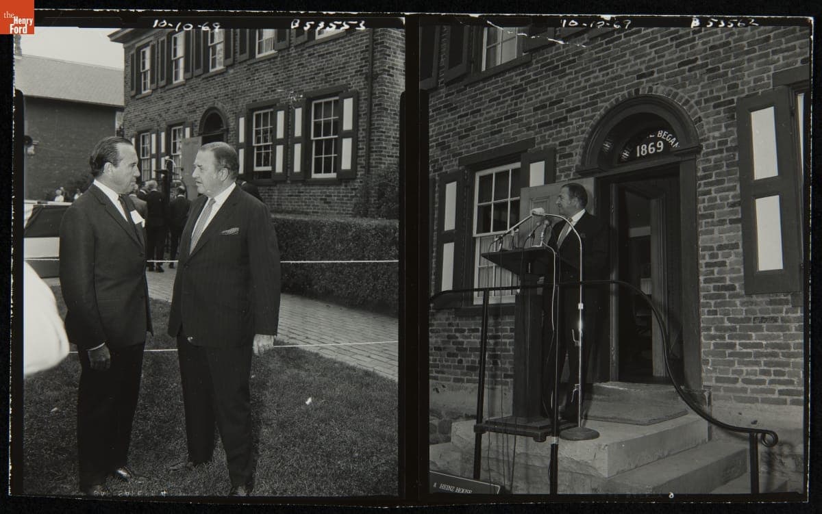 H. J. Heinz II and Henry Ford II outside Heinz House at Greenfield Village, October 10, 1969