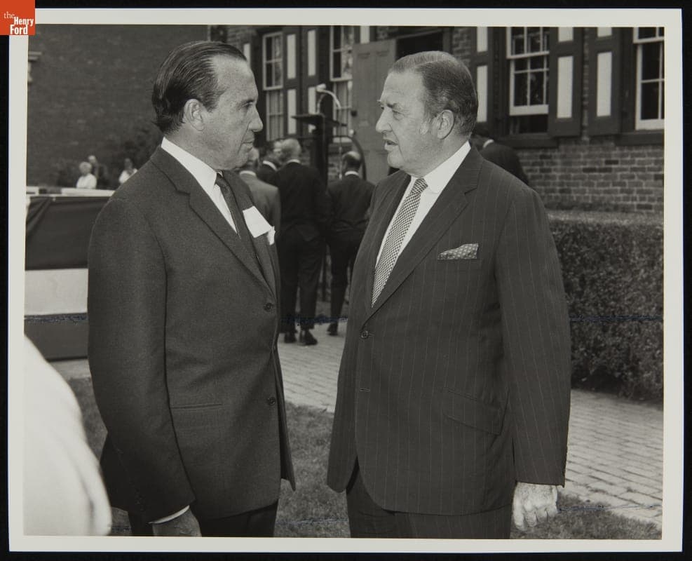 H. J. Heinz II and Henry Ford II outside Heinz House at Greenfield Village, October 10, 1969