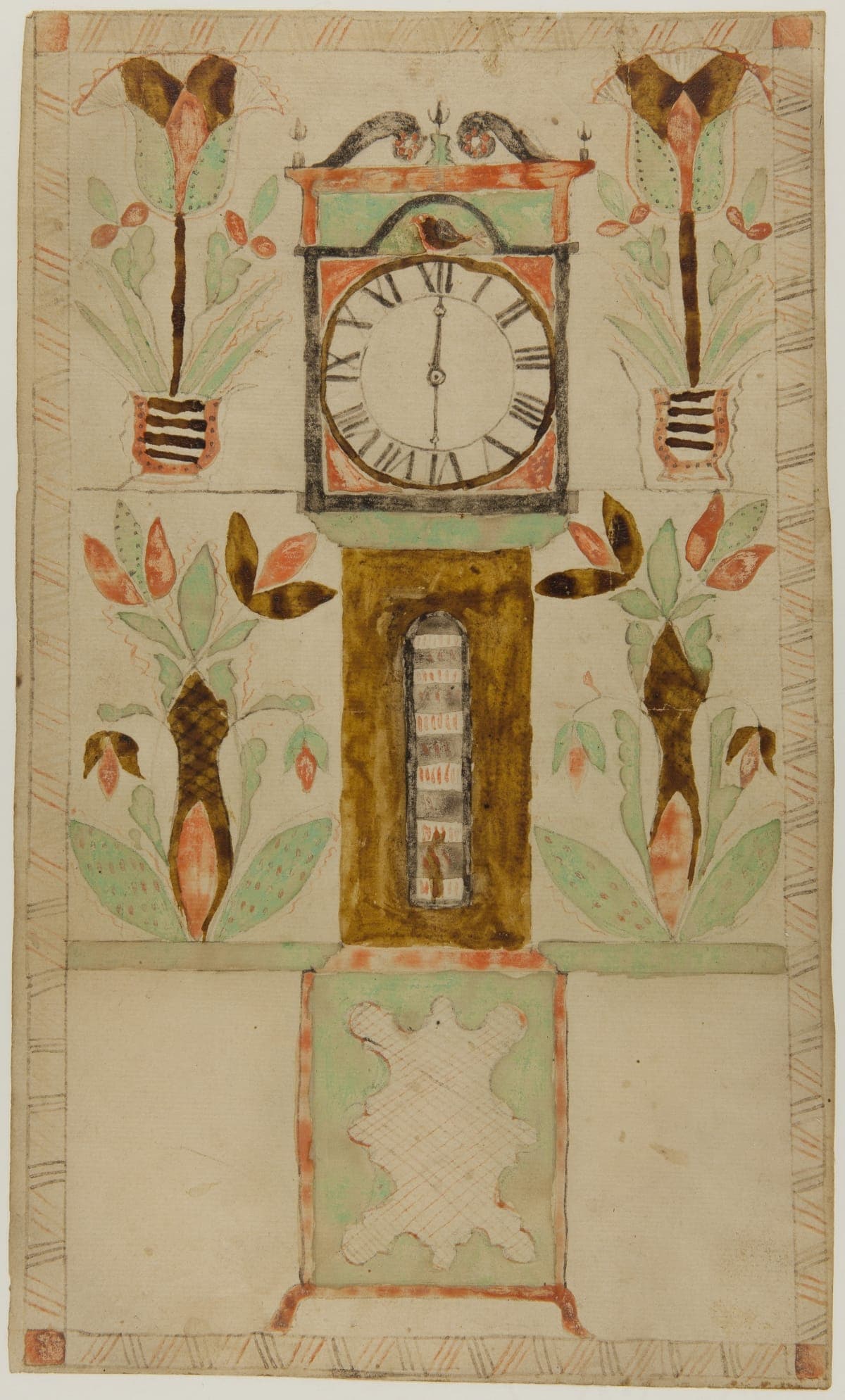 Drawing of Clock and Flowers, circa 1800
