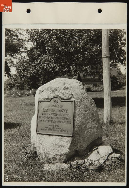 Historical Marker near Logan County Courthouse at Its Original Site, Lincoln, Illinois, September 1929